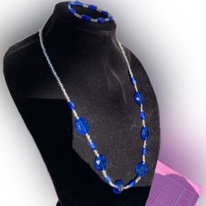 PANNEE by Panacea Elegant Blue crystals Beaded Necklace 28” + bracelet 7” set